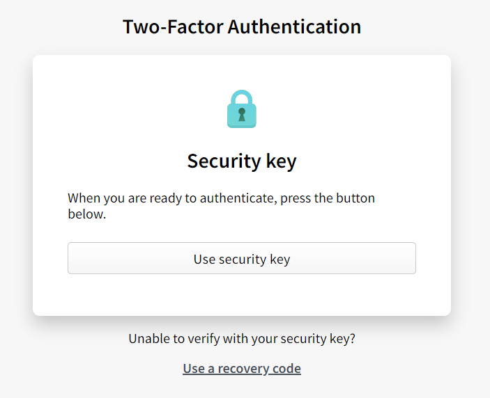 Screenshot showing Security Key prompt with a link to navigate to the recovery code input screen